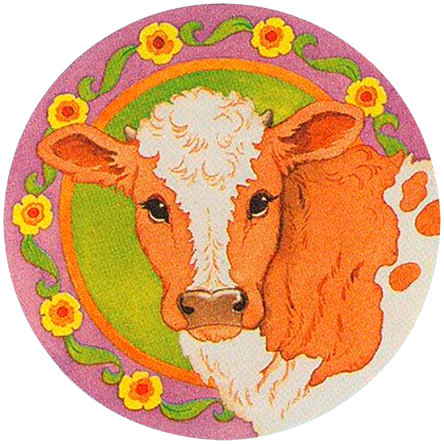 a lovely cow in a circle of flowers