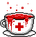 a white teacup with a red cross and blood bubbling up out of it and spilling over the lip