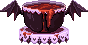 a teacup with batwings, filled with blood, on a pale purple doily