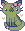 a green kitty wearing a crown of pink flowers