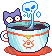 a teacup with steam rising from it in the shape of a skull and a little guy (cat) peeking over the edge, looking spooked.