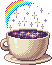 a cream-colored teacup with a sparkling rainbow rising over it